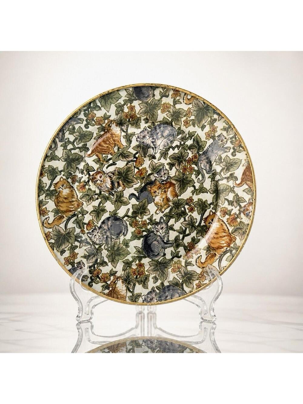 Vintage 1980s Decoupage Glass Plate Cats In Foliage Lesley Anne Ivory Style, 10”